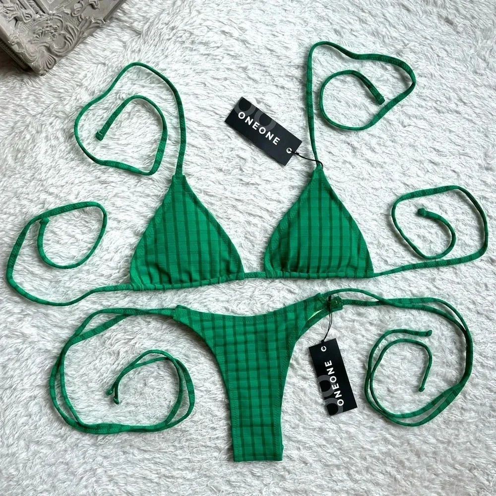 NWT OneOne Swimwear Bikini Set Pine Green Ariel Triangle New Padded Rare Medium